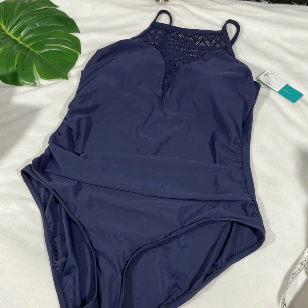 NWT Aqua Green [‎ Plus 20W ] Crochet High Neck One Piece Swimsuit Navy